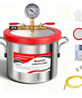 ROGVOC 1.5-Gallon stainless steel vacuum chamber with red acrylic lid, brass valve, 4.9 ft hose and accessories