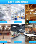 Kickstart Your Shop Floor Glow Today With This Hardcore 100W Led Ufo High Bay Light Pumping Out Killer 140 Lumens Per Watt And Bulletproof Ip65 Weather Sealed Housing For Busy Warehouses And Factories showcased in various settings like factory, warehouse, and shopping mall.
