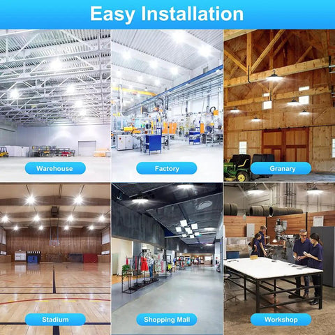Kickstart Your Shop Floor Glow Today With This Hardcore 100W Led Ufo High Bay Light Pumping Out Killer 140 Lumens Per Watt And Bulletproof Ip65 Weather Sealed Housing For Busy Warehouses And Factories showcased in various settings like factory, warehouse, and shopping mall.