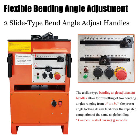 Heavy Duty 1 Inch Electric Rebar Bender And Cutter With Rock Solid Build And Zero Fuss Operation For Knockout Precision Cuts With Dual Flex Angle Locks On 110V showing adjustable slide-type angle handles.