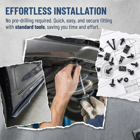 Heavy Duty Auto Body Screws And Bolts 50 Pack Badass Vehicle Splash Shield Clips Rust Resistant U Nut Fasteners installation process with hand holding tool.