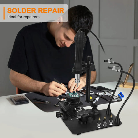 Man using Helping Hands Soldering Third Hand 2 In 1 Solder Work Station With XYZ Axis Microscope for PCB repair