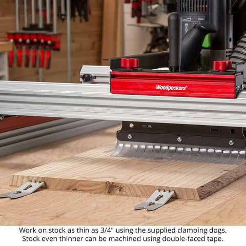 Slab Flattening Mill Pro Basic For Wood Slabs Up To 48.5 By 58 Inches leveling jig with clamping dogs in workshop setting.