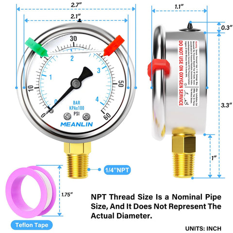 Meanlin 0–60 psi glycerin-filled pressure gauge, 1/4 in NPT, 2.5 in dial, stainless steel; front and side views