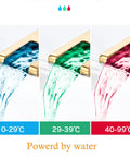 Lit Waterfall Style LED Bathroom Faucet in Black and Gold, 3 Color Changing Spout, water flow in blue, green, red