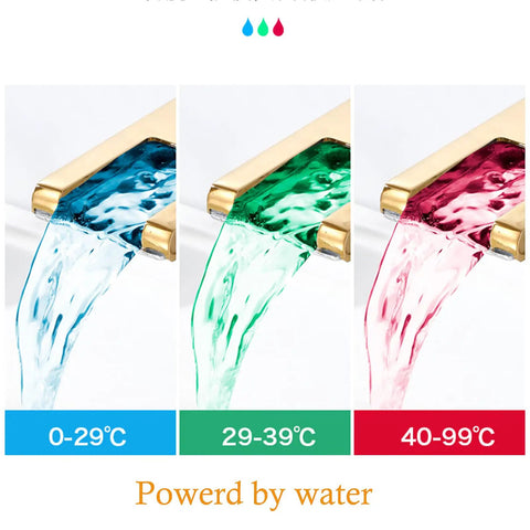 Lit Waterfall Style LED Bathroom Faucet in Black and Gold, 3 Color Changing Spout, water flow in blue, green, red