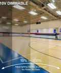 Heavy Duty Led High Bay Shop Light 300 Watt 42000 Lumens 5000k Bright White illuminating a spacious gymnasium with dimmable lighting.