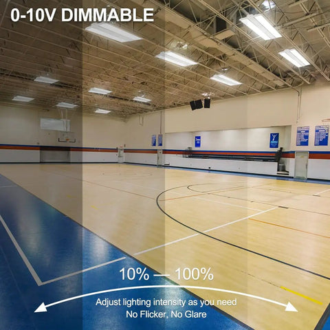 Heavy Duty Led High Bay Shop Light 300 Watt 42000 Lumens 5000k Bright White illuminating a spacious gymnasium with dimmable lighting.