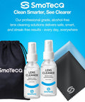 Alcohol Free Glasses Cleaner Kit With Plant Based Microfiber Cloths And Pouch, featuring 2 bottles and 2 cloths, on blue background.