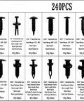 Heavy Duty Push Pin Trim Fasteners Compatible With Tesla Cybertruck Rock Solid Bumper Fender Grommets No Sweat Swap Nail On Clips Built Street Ready 240 Piece Assortment Kit 12 Sizes, black nylon clips displayed in size variations.