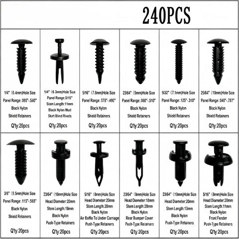 Heavy Duty Push Pin Trim Fasteners Compatible With Tesla Cybertruck Rock Solid Bumper Fender Grommets No Sweat Swap Nail On Clips Built Street Ready 240 Piece Assortment Kit 12 Sizes, black nylon clips displayed in size variations.