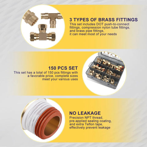 Brass DOT push-to-connect and compression fittings kit with nylon tubing; 150-piece set in storage case (1/4, 1/8, 3/8, 1/2 in)