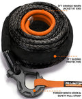 Heavy Duty 9/16 Inch 76 Foot Synthetic Winch Rope Kit with hook, isolator, orange jacket, forged hook, safety pull strap.
