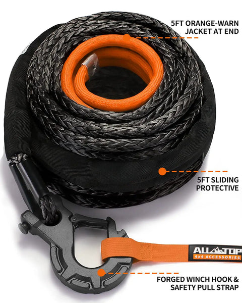 Heavy Duty 9/16 Inch 76 Foot Synthetic Winch Rope Kit with hook, isolator, orange jacket, forged hook, safety pull strap.