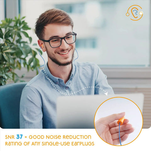 Man wearing corded ear plugs, 200 Pair Pack Ultra Soft Corded Foam Ear Plugs For Sleeping All Night And Loud Noise Reduction