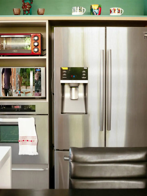 Kitchen with fridge wrapped in Stainless Steel Look Self Adhesive Contact Paper Peel And Stick Vinyl Wrap For Fridges And Appliances