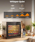 Straight Shooter 700 Watt Food Dehydrator With Eight Roomy Trays And Quick 360 Hot Air Circulation That Cranks Up To 212 Degrees Plus A No Mess Twenty Four Hour Timer For Fruit Jerky And Herbs displaying various dried fruits on trays.