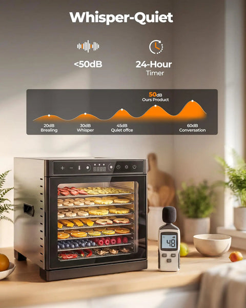 Straight Shooter 700 Watt Food Dehydrator With Eight Roomy Trays And Quick 360 Hot Air Circulation That Cranks Up To 212 Degrees Plus A No Mess Twenty Four Hour Timer For Fruit Jerky And Herbs displaying various dried fruits on trays.