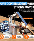 Heavy Duty Belt Grinder Sander With Badass 1500 Watt Variable Speed Metal Polishing Machine showing pure copper motor and grinding belt.