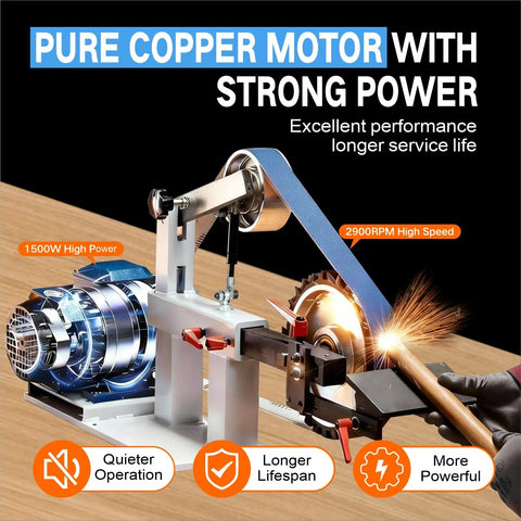 Heavy Duty Belt Grinder Sander With Badass 1500 Watt Variable Speed Metal Polishing Machine showing pure copper motor and grinding belt.
