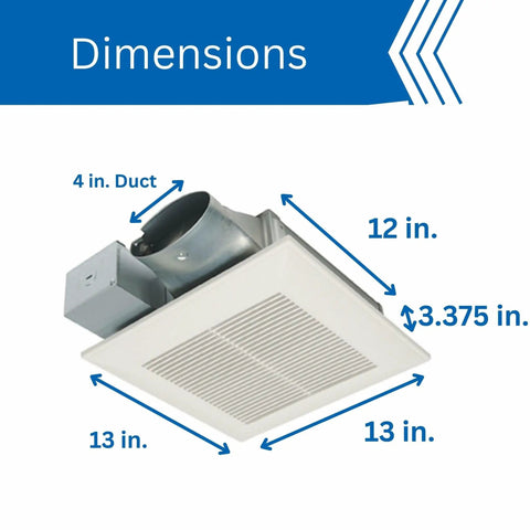 Dimensions of Whisper Quiet Dual Speed Ceiling And Wall Mount Bathroom Exhaust Fan With DC ECM Motor And SmartFlow Tech