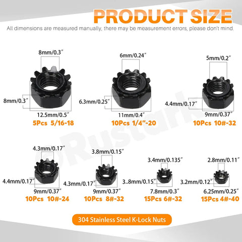 Must Have Keps Lock Nut Kit 75Pcs 8 Sizes 304 Stainless Steel With External Tooth Washers Black Hex Nuts Size Chart