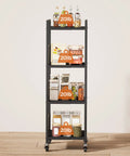 Expandable 4 Tier Slim Storage Cart on Wheels in Black loaded with pantry items. Adjustable width from 8.3 to 12.6 inches for narrow gaps.