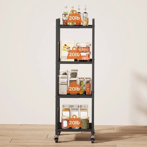 Expandable 4 Tier Slim Storage Cart on Wheels in Black loaded with pantry items. Adjustable width from 8.3 to 12.6 inches for narrow gaps.