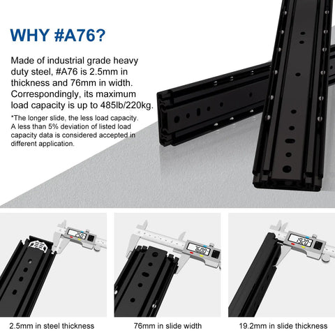 52 Inch Beefy Industrial Grade Heavy Duty Drawer Slide Without Lock A76 Black Electroplated Cold Rolled Steel Three Fold Full Extension Ball Bearing Side Mount One Pair