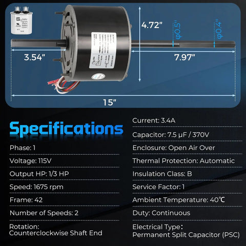 RV Air Conditioner Fan Motor With Capacitor Replacement 1/3 HP 115V 1675 RPM Two Speed 60Hz Replaces Fasco D1092 specifications