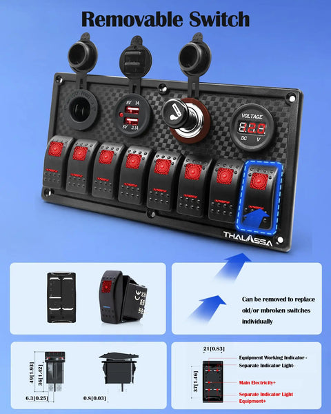 Red 8 Gang Rocker Switch Panel With LED Illumination Waterproof Digital Voltage Display Dual USB Ports and accessories