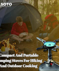 WindMaster Backpacking Stove With 4Flex Regulator shown near campers by a fire with a tent in the background, ideal for hiking.