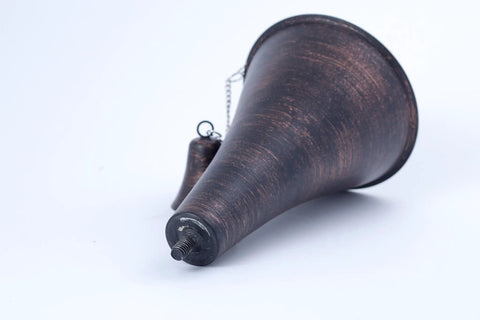 Close-up of Oahu Tiki Style Outdoor Torches Set of 4 53 Inch Tall, showing brushed bronze torch head with snuffer and wick.