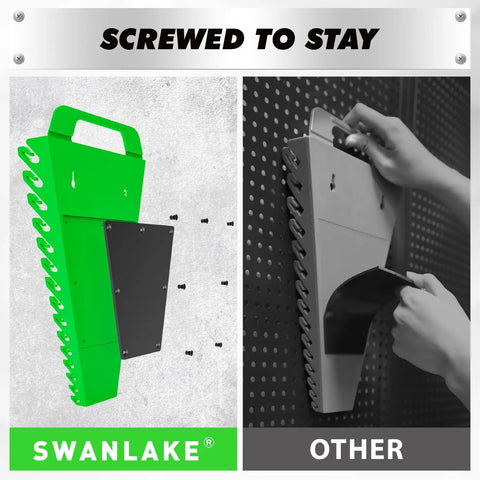 Comparison of 10-Piece Magnetic Socket And Wrench Organizer Set showing green swanlake product and a grey competitor.