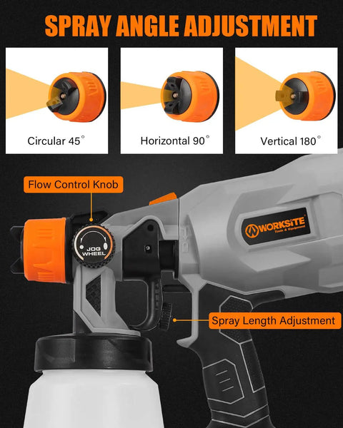 Cordless 20V Paint Sprayer Gun With Dual Batteries, HVLP Sprayer showing spray angle adjustment and flow control knob detail