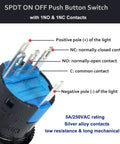Three Pack 16mm Momentary Push Button Switches With Red LED Indicator, 12V, 5 Pin, 1NO 1NC, Round Panel Mount Button For Industrial Control And Signal Applications, Durable Plastic Housing, Easy Wiring, Pro Grade close-up showing 5-pin terminals