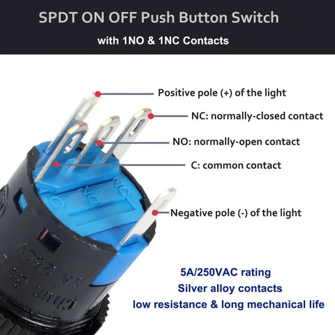 Three Pack 16mm Momentary Push Button Switches With Red LED Indicator, 12V, 5 Pin, 1NO 1NC, Round Panel Mount Button For Industrial Control And Signal Applications, Durable Plastic Housing, Easy Wiring, Pro Grade close-up showing 5-pin terminals