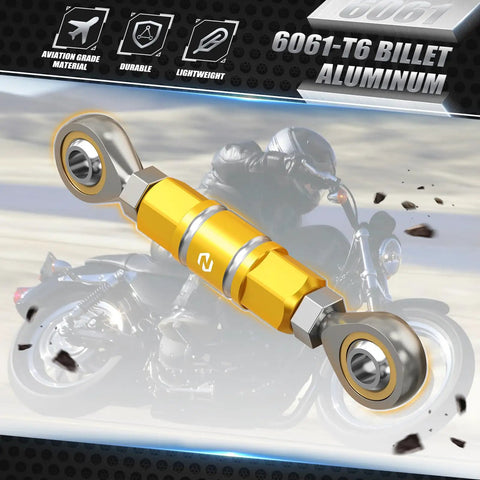 Gold Gear Shift Linkage Assembly For Harley Street Bob FXBBS 114 2021 2024 And Low Rider S FXLRS 114 2020 2024 Replacement For 33600125 Built Tough With Anodized Aluminum And Zinc Plated Ball Socket Bearings For Ultra Smooth Easy Gear Shifts. Gold 6061-T6 billet aluminum gear shift linkage with ball socket bearings