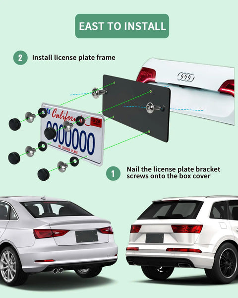 Installation guide for Rear License Plate Holder Bracket for Audi Q5 Q7 A3 A5 A8 Quattro Bumper Mount Kit with screws and license plate