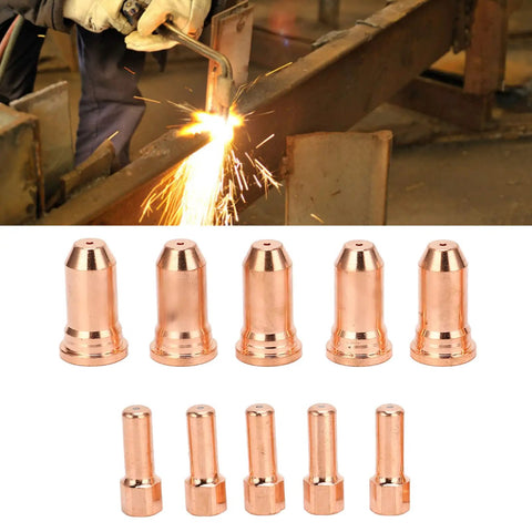 Solid Crafted 1.5Mm Copper Nozzle Electrode Kit With 10 Pieces For PT100 Series Plasma Cutter, featuring 5 copper nozzles and 5 electrodes.