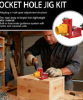Man using Pocket Hole Drill Jig With Dust Collection for cabinet installation, showing fast setups and precise joints drilling.