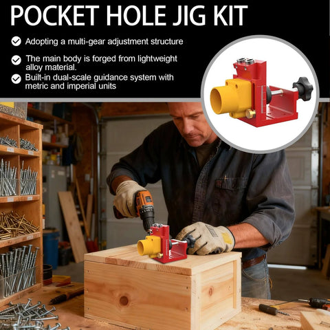 Man using Pocket Hole Drill Jig With Dust Collection for cabinet installation, showing fast setups and precise joints drilling.