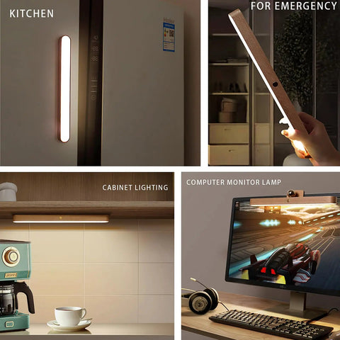 Wooden Vanity Light Bar With 360 Degree Magnetic Rotatable Led USB Rechargeable And Battery Powered Dimmable Warm White Lighting For Makeup Mirror Bedroom Or Bathroom Vibes Brown Finish used in kitchen, emergency, cabinet, monitor lamp settings.