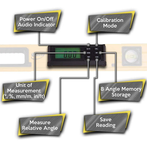 Close-up of 24 Inch Digital Level With Slope Readings For Degrees And Percent Electronic Level Tool display features and functions.