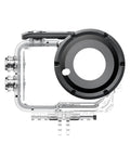 Underwater Dive Case Built For GO Ultra Action Camera Waterproof To 197ft 60m Glass Lens Protection For Clear Underwater Shots Secure Buckle Lock With Rubber Seal Universal Cold Shoe Mount For Fill Lights L Shape Adapter Included side view showing glass lens and buckle lock