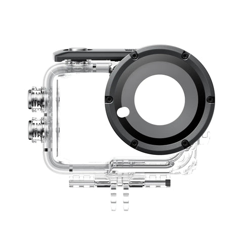 Underwater Dive Case Built For GO Ultra Action Camera Waterproof To 197ft 60m Glass Lens Protection For Clear Underwater Shots Secure Buckle Lock With Rubber Seal Universal Cold Shoe Mount For Fill Lights L Shape Adapter Included side view showing glass lens and buckle lock