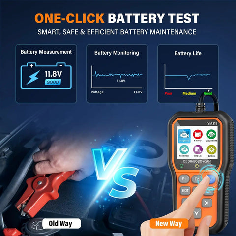 All In One OBD2 Scanner With Battery Tester And Live Data displaying battery test results on its screen next to jumper cables.