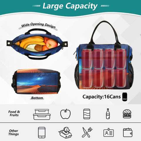 Desert Sky Large Cooler Bag Portable Leakproof Insulated Lunch Tote For Gals Holds 18 Cans with top zipper and content view.