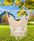 Ultra Cozy Hammock Chair With Macrame Design, Rope Swing Seat, two cushions, heavy duty metal rod, outdoor setup