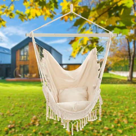 Ultra Cozy Hammock Chair With Macrame Design, Rope Swing Seat, two cushions, heavy duty metal rod, outdoor setup